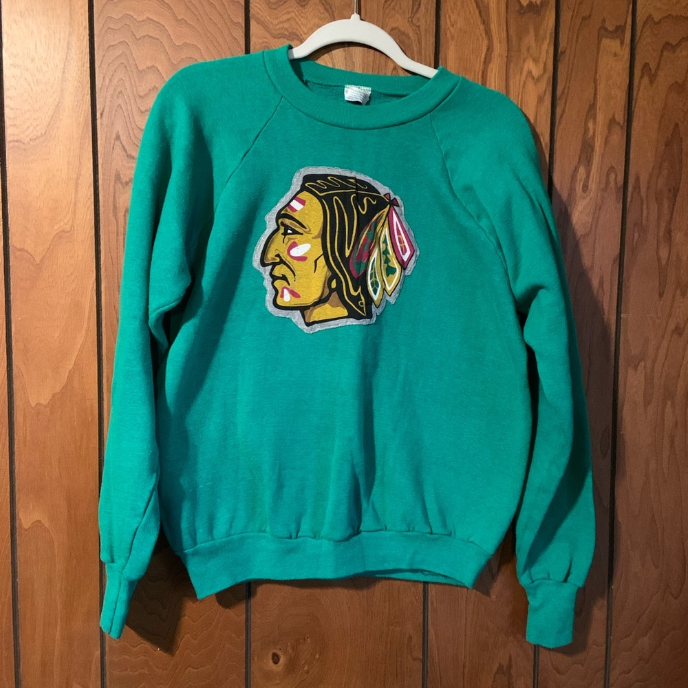 Vintage Pony sweatshirt with Chicago Blackhawks logo hand stitched on the front